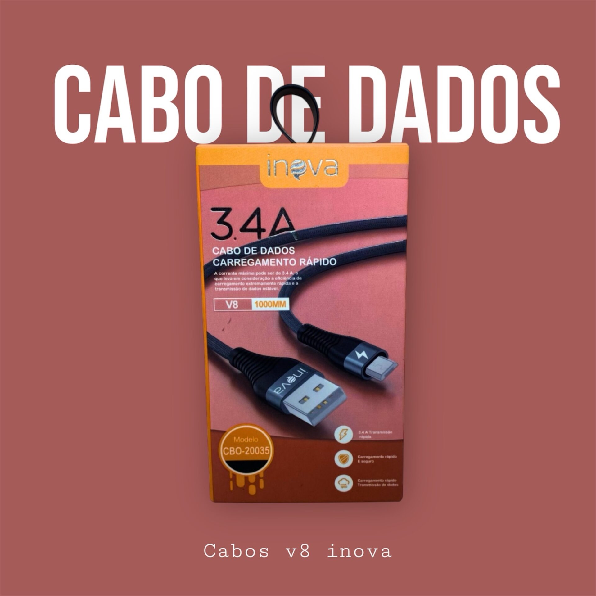Cabo De Dados Carregamento Rapido Inova 3.4A V8 1000MM